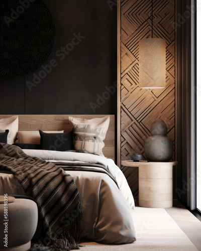 A bedroom with a soft, neutral color scheme and a bamboo lamp, in the style of light brown and dark black, maximalist, multilayered, silhouette lighting, cottagecore, white and beige, ai generative
