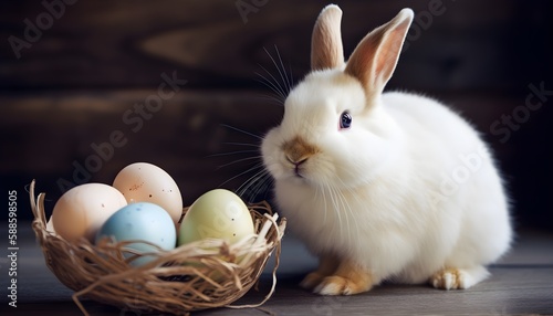 Cute Easter Bunny with basket full of Easter Eggs created with generative AI © Emir