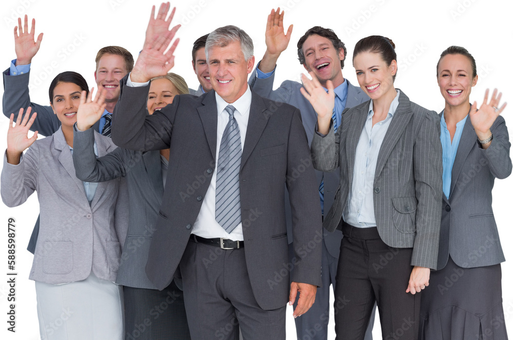 Smiling business team waving at camera Smiling business team waving at camera