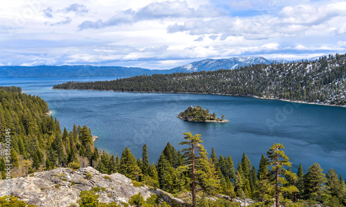Emerald Bay - A panoramic overview of Emerald Bay on a stormy Spring day, Lake Tahoe, California-Nevada, USA. photo