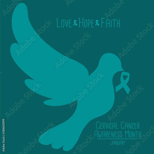 Cervical Cancer Awareness Month. Teal And White Ribbon Vector Design Template For Poster.