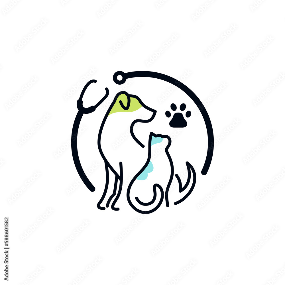 a combined dog and cat logo and a stethoscope symbolizing pet medical care a combined dog and cat logo and a stethoscope symbolizing pet medical care