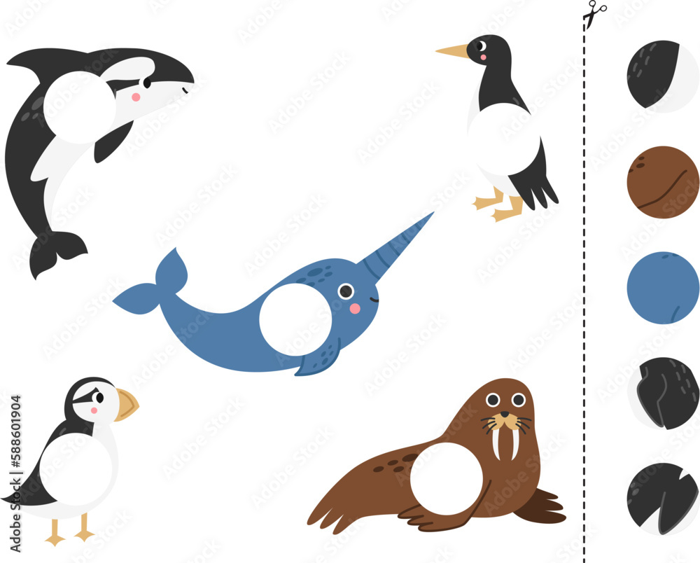 Fototapeta premium Cut and glue game for kids. Cute arctic animals.