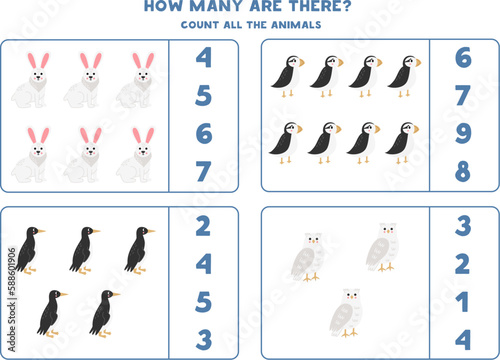 Count all Arctic animals and circle the correct answers.
