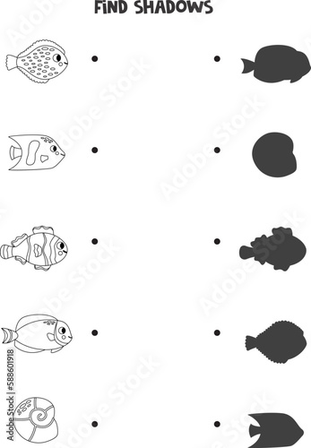 Find the correct shadows of black and white sea animals. Logical puzzle for kids.