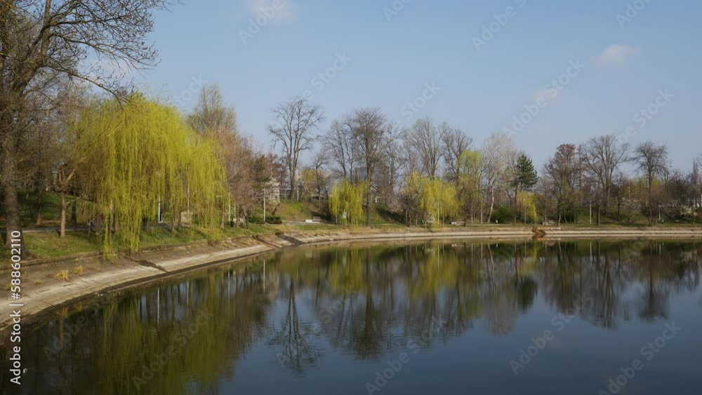 Establishing Shot With Pier Park Lake With Tree Reflection In The Water Establishing Shot With Pier Park Lake With Tree Reflection In The Water
