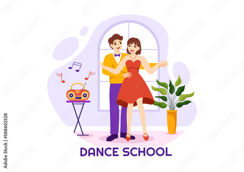 Obraz premium Dance School Illustration of People Dancing or Choreography with Music Equipment in Studio in Flat Cartoon Hand Drawn Landing Page Templates