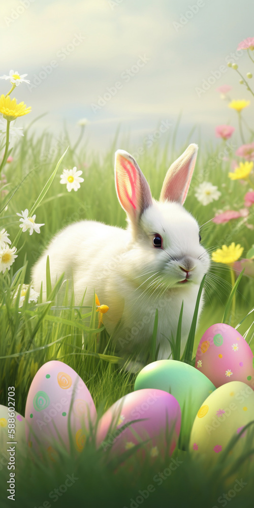 Fototapeta premium Easter bunny and eggs on green grass field spring meadow, digital art illustration. Generative AI