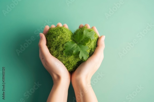 Hands holding a heart shaped green leaf with a heart shaped green leaf. Generative AI