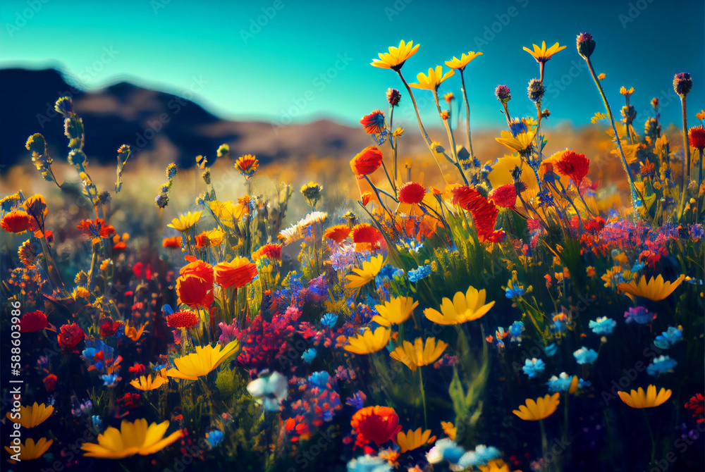 Bright wild flowers at beautiful summer meadow, with a lush green background of grass. Delicate flower blossom, which stands tall and proud amidst the natural landscape illustration, generative ai