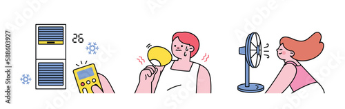 People enjoying summer. A cool air conditioner, a boy blowing a fan when sweating, a girl in front of a fan.