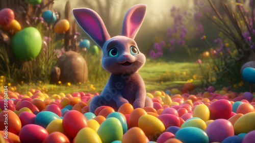 digital 3d art of bunny in a field filled with colorful easter eggs