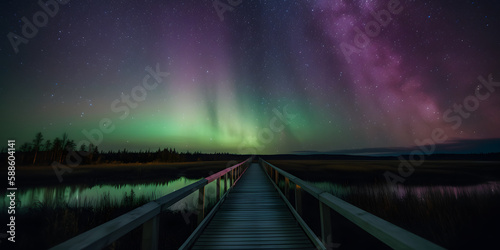 Aurora Borealis (northern lights) in the sky with a wooden bridge into the cold snowy night