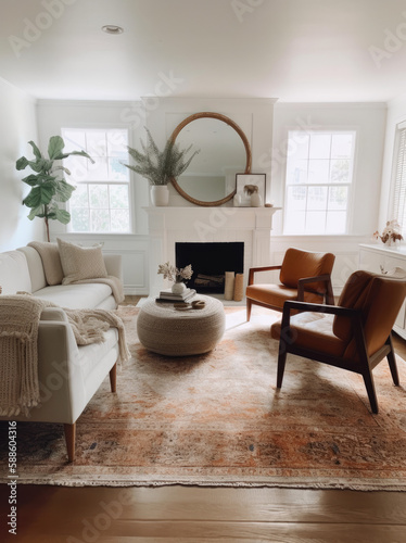 A white living room with a rug  wooden floors and an antique fireplace  in the style of earth tone color palette  multi layered  natural fibers  rug  cottagecore  large canvas sizes  ai generative
