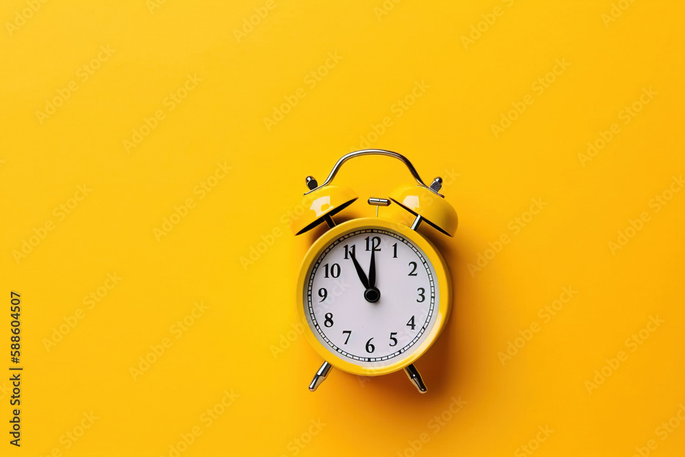 a yellow alarm clock on a yellow background with copy space. Created with Generative AI Technology a yellow alarm clock on a yellow background with copy space. Created with Generative AI Technology