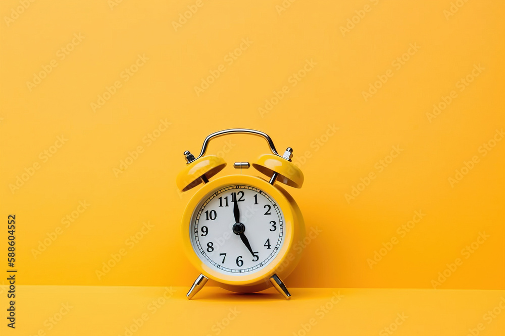 a yellow alarm clock on a yellow background with copy space. Created with Generative AI Technology a yellow alarm clock on a yellow background with copy space. Created with Generative AI Technology