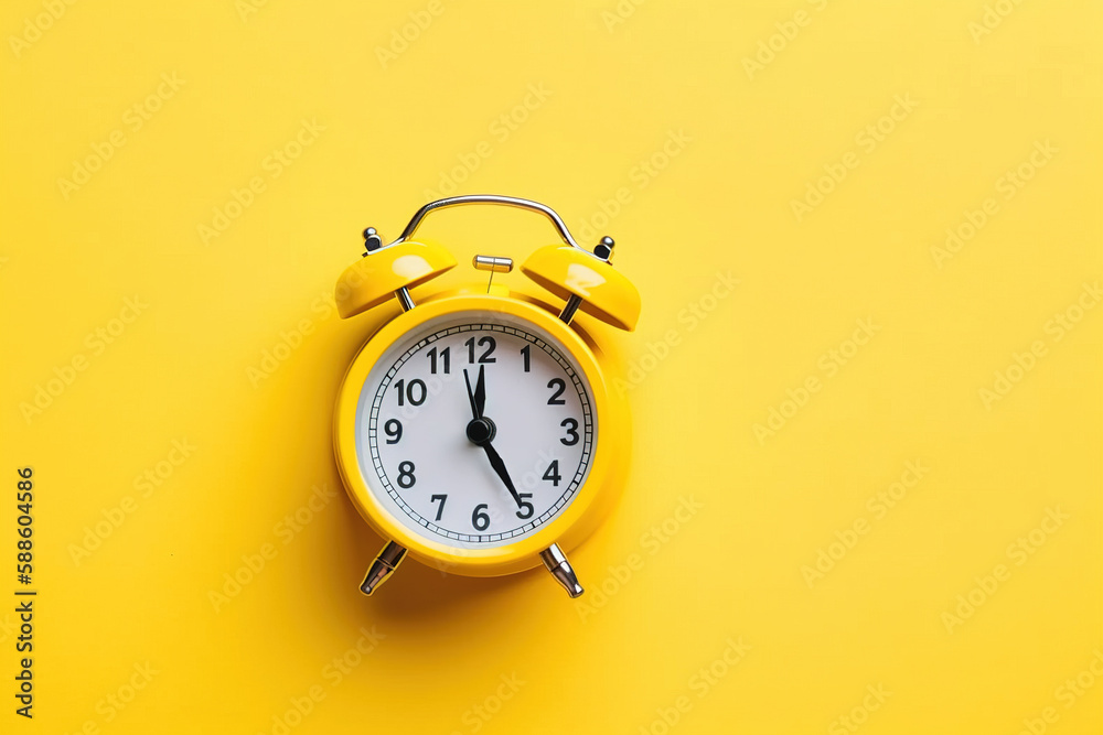 a yellow alarm clock on a yellow background with copy space. Created with Generative AI Technology a yellow alarm clock on a yellow background with copy space. Created with Generative AI Technology