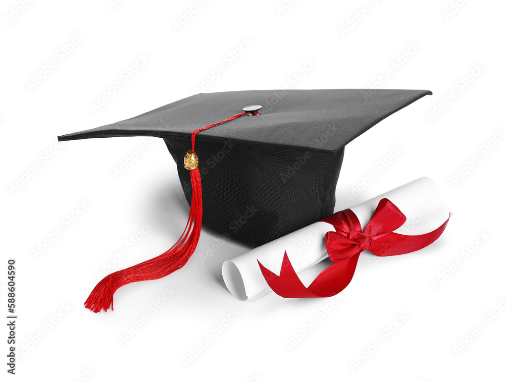 Diploma with red ribbon and graduation hat isolated on white background ...