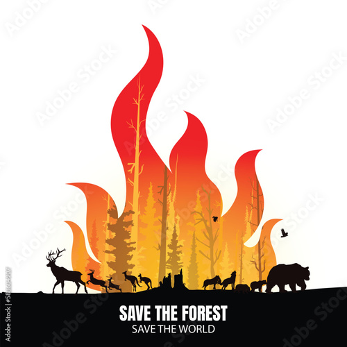 Wildfire silhouettes background, Forest fire vector