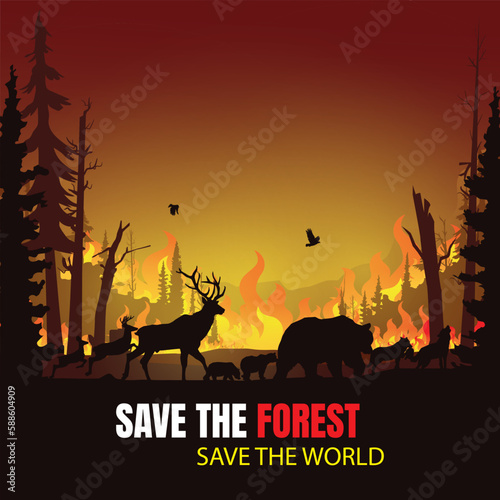 Wildfire silhouettes background, Forest fire vector