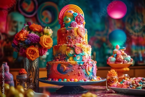 Illustration of a vibrant display of colorful cakes and desserts on a table created with Generative AI technology