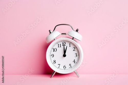 Alarm clock on a pink pastel background with copy space. Created with Generative AI Technology