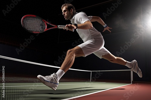 A fictional people. Tennis player is trying to hit a tennis ball. Generative AI © Gulsim