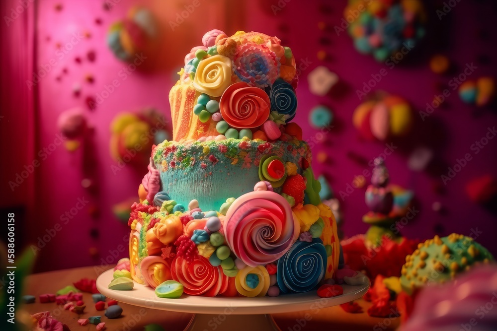 Illustration of a vibrant and delicious three-tiered cake with colourful icing created with Generative AI technology Illustration of a vibrant and delicious three-tiered cake with colourful icing created with Generative AI technology
