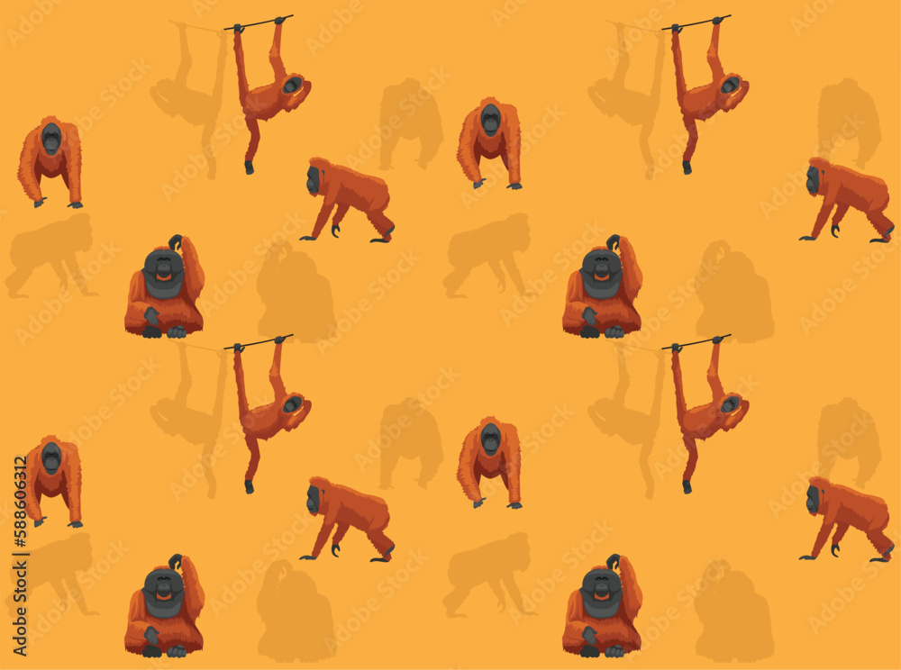 Animal Primate Ape Monkey Orangutan Cartoon Poses Seamless Wallpaper Background