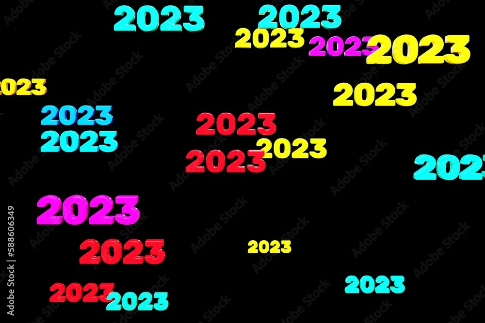 Colorful 2023 text fall down on black background 3d render. Concept celebrate 2023 new year background symbols