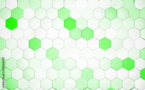 Abstract technological green hexagonal background 3d render. Wall background texture. Wall with textured hexagons. Honeycombs backdrop