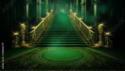 Green Carpet Bollywood Stage  Green Steps Spot Light Backdrop of the Golden Regal Awards. Generative ai