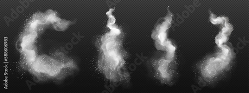 Splash of white powder, dust or snow isolated on transparent background. Sugar or salt explosion, falling sand or flour with particles, vector realistic set