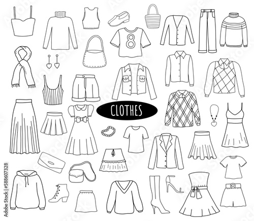 Funny clothes doodle set. Line sketch of jacket, jeans, pants, t-shirt, shoes, skirt isolated on white