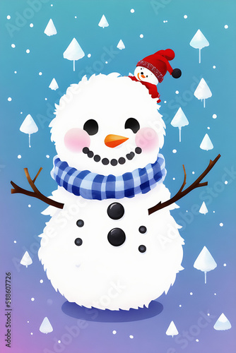 An adorable cute fluffy snowman character warmed up in winter clothes standing in nice hat and scarf with red nose ready to celebrate christmas created with generative ai
