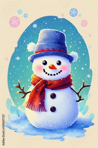 An adorable cute fluffy snowman character warmed up in winter clothes standing in nice hat and scarf with red nose ready to celebrate christmas created with generative ai
