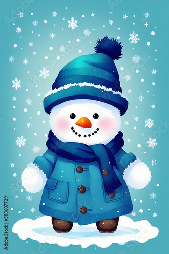 An adorable cute fluffy snowman character warmed up in winter clothes standing in nice hat and scarf with red nose ready to celebrate christmas created with generative ai
