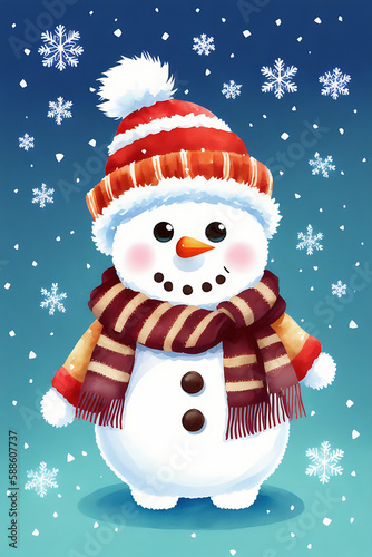 An adorable cute fluffy snowman character warmed up in winter clothes standing in nice hat and scarf with red nose ready to celebrate christmas created with generative ai
