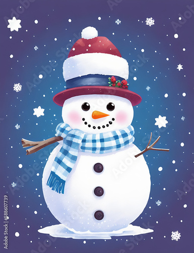 An adorable cute fluffy snowman character warmed up in winter clothes standing in nice hat and scarf with red nose ready to celebrate christmas created with generative ai
