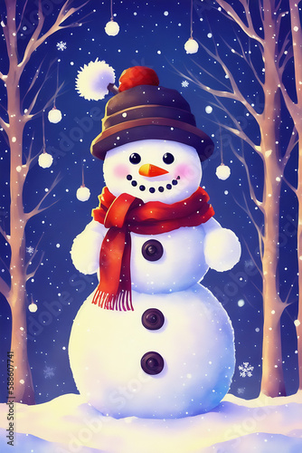 An adorable cute fluffy snowman character warmed up in winter clothes standing in nice hat and scarf with red nose ready to celebrate christmas created with generative ai
