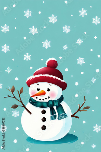 An adorable cute fluffy snowman character warmed up in winter clothes standing in nice hat and scarf with red nose ready to celebrate christmas created with generative ai
