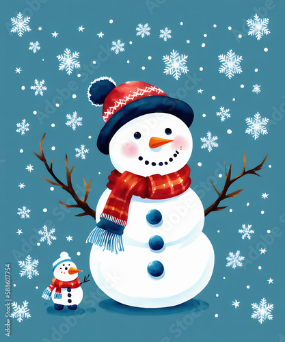 An adorable cute fluffy snowman character warmed up in winter clothes standing in nice hat and scarf with red nose ready to celebrate christmas created with generative ai  © fiermanmuch