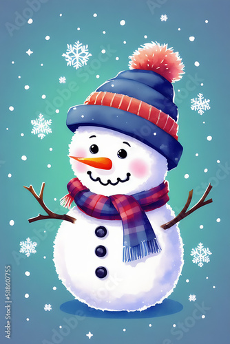 An adorable cute fluffy snowman character warmed up in winter clothes standing in nice hat and scarf with red nose ready to celebrate christmas created with generative ai
