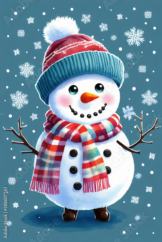 An adorable cute fluffy snowman character warmed up in winter clothes standing in nice hat and scarf with red nose ready to celebrate christmas created with generative ai
