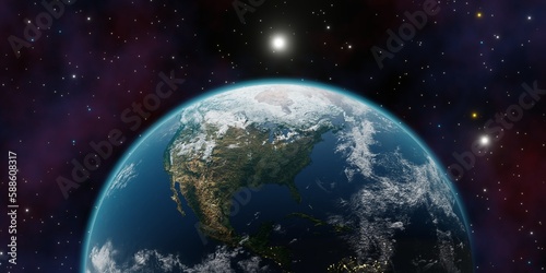 Fototapeta Naklejka Na Ścianę i Meble -  Beautiful 3d earth planet 3d render. Concept of climate change, dark night, cities lights, sunrise. World planet satellite, Stars, nebula and galaxy. Sunrise from outer space