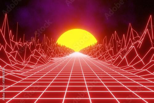 Red retro futuristic technology background 3d render, 80s retro background, 90s futuristic sci-fi. Synthwave retro, outer space, star sky, sun and nebula