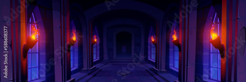 Fototapeta Naklejka Na Ścianę i Meble -  Night medieval stone castle cartoon game background. Mystic dungeon interior with floor, wall, window and fire torch. Fantasy palace corridor perspective view with symmetry inside design to explore.