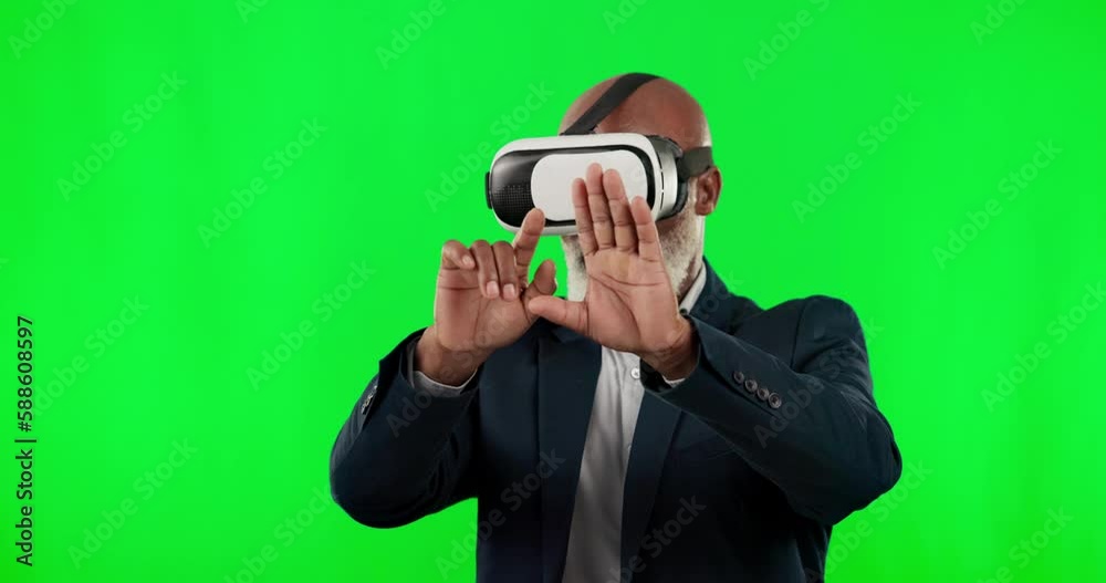 VR, green screen and black man isolated on studio background metaverse, futuristic or 3d user experience. Virtual reality, high tech and business person, glasses software or digital world interaction
