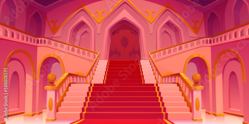 Medieval castle royal hall interior with stairs cartoon background. Fairy ballroom with staircase, red carpet and entrance door vector illustration. Beautiful fantasy luxury baroque building.
