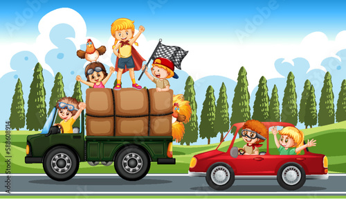 Happy kids enjoy driving car